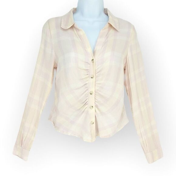 SANCTUARY CLOTHING NWT WOMENS WHISPER PLAID RUCHED BOYFRIEND SHIRT- size M - Picture 2 of 11